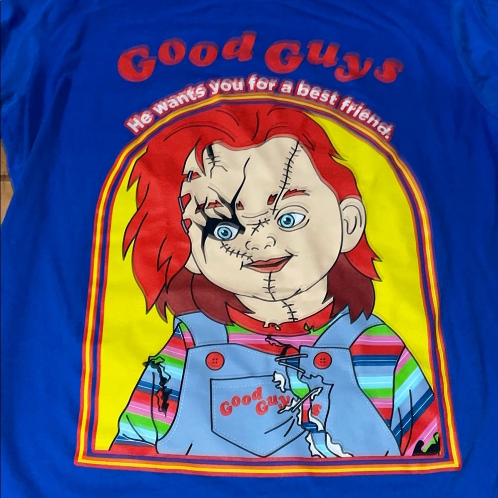 Chucky Good Guys Vibrant Blue and Red Anime Graphic Tees, size large